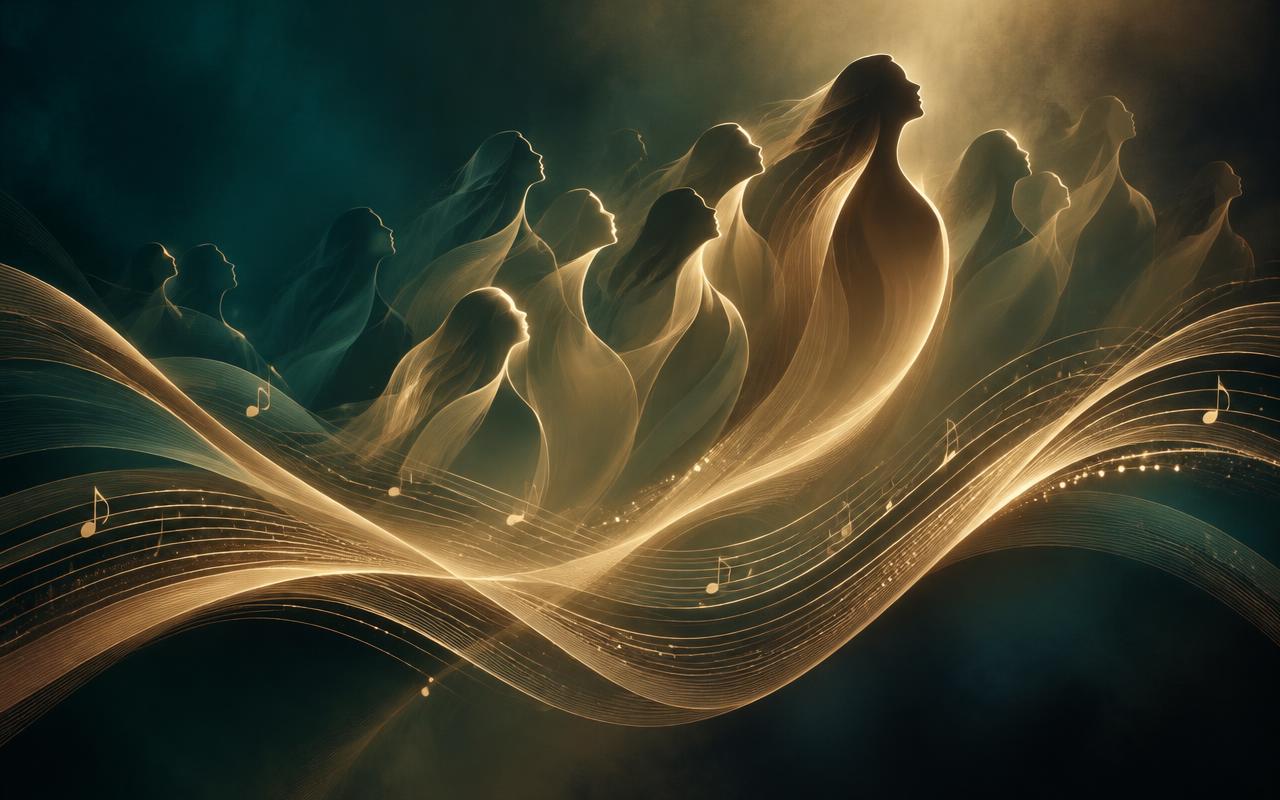 Golden sound waves rising over deep teal, artwork for the WANITA MENDUNIA song